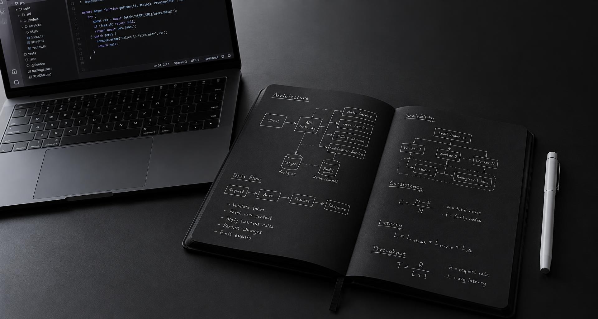 Dark-mode laptop beside an open dark-paper notebook filled with white-ink system architecture diagrams on a dark desk.
